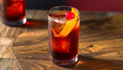 Red cocktail garnished with cherry and orange peel