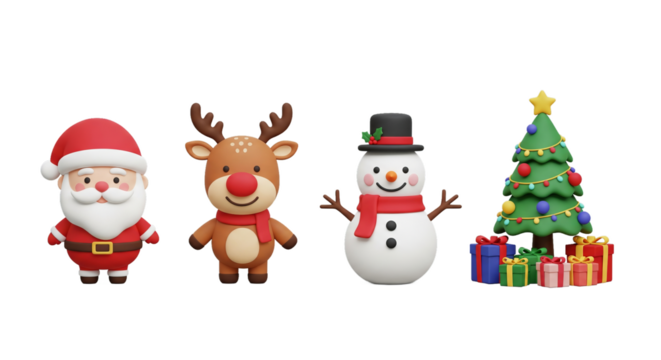 A charming 3D Christmas character set with Santa, reindeer, and snowman for holiday celebration isolated on a transparent background