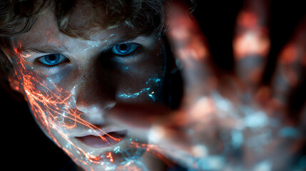 A young man interacts with a glowing hologram of a global network and data flow, with neon lights and a digital world map on the screen