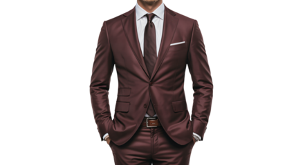 Stylish man in luxurious brown suit standing confidently posing