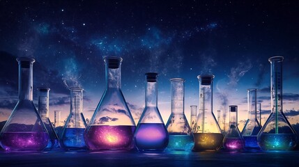 Fantasy mountain range shaped like chemistry beakers glowing the peaks science landscape