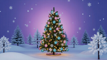 Obraz premium Enchanting Winter Scene A Decorated Tree in a Snowy Landscape with Falling Snowflakes