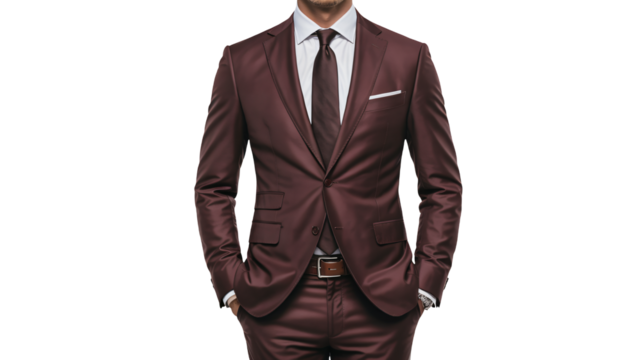 Stylish man in luxurious brown suit standing confidently posing