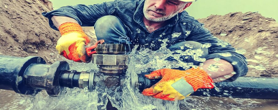 Worker repairing leaking outdoor pipe with water spraying under pressure, wearing orange gloves and tightening valve in trench, urgent plumbing and utility maintenance concept