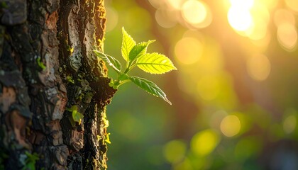 New growth emerging from a tree trunk. Sunlight filters through the leaves