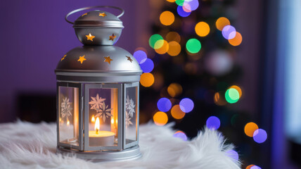 Silver Lantern with Candlelight Against a Bokeh Background of Colorful Lights and Evergreen