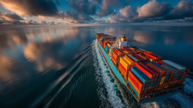 Large container ship moving across calm reflective ocean at golden hour with colorful cargo containers, cinematic video background for global trade, supply chain, shipping, logistics, and export promo