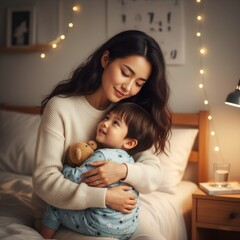 Tender Asian mother hugging her son in bed, preparing him for sleep with warm string lights
