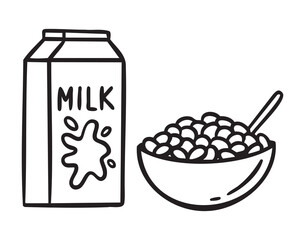 Milk and cereal bowl, school breakfast, line art planner doodle, outline contour, monochrome, hand drawn