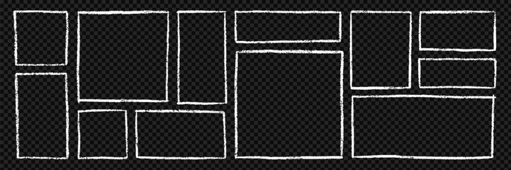 Chalk Frames and text boxes doodle set. Rectangle and square shapes, grunge crayon borders in sketch style. Hand drawn vector illustration isolated on black background