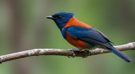 Vivid Plumbeous Redstart Perched: A vibrant male plumbeous redstart perches gracefully on a slender branch, its striking plumage a captivating blend of blue, orange, and black.