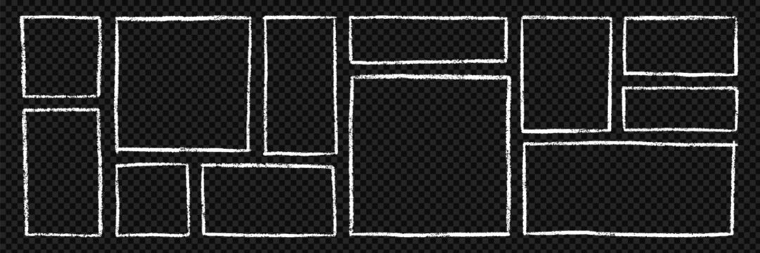 Chalk Frames and text boxes doodle set. Rectangle and square shapes, grunge crayon borders in sketch style. Hand drawn vector illustration isolated on black background