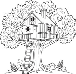 Obraz premium Tree House Hand-drawn Vector Illustration, Sketch Drawing Doodle Line Linear Symbol Icon Engraving Coloring Book, Black and White Isolated