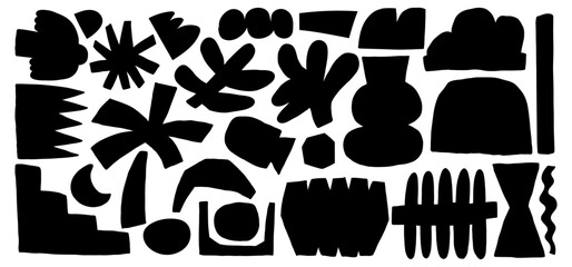 Organic abstract shapes cutouts. Simple vector elements include hands, birds and stars in geometric style. Playful modern design makes it suitable for collage or pattern work.