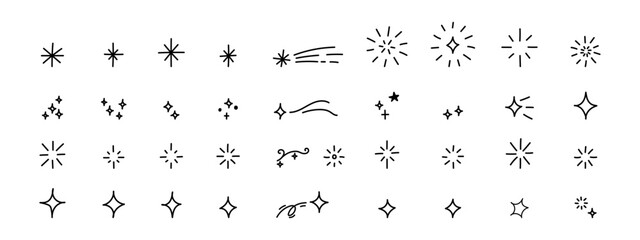 Bling effects with confetti give twinkle to celebrate and star icons. Vector firework emphasis enhances icon line elements in graphic form. Sketch background with drawn simple spark glitter hand doodl