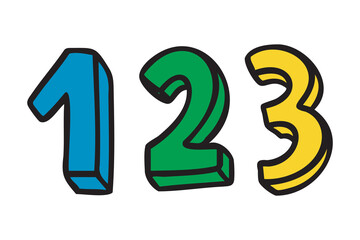 Hand drawn numbers 1 2 3, playful learning count, colorful doodle, hand drawn