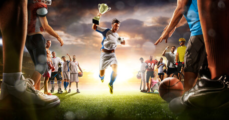 The multi sports collage including boxing, ice hockey, basketball, cycling, soccer, american football, fitnes, gym, baseball, volleyball with soccer player in the main role on the grand arena