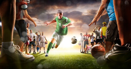 The multi sports collage including boxing, ice hockey, basketball, cycling, soccer, american...