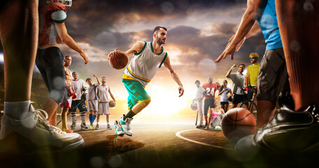 The multi sports collage including boxing, ice hockey, basketball, cycling, soccer, american football, fitnes, gym, baseball, volleyball with basketball player in the main role on the grand arena