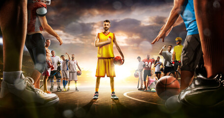 The multi sports collage including boxing, ice hockey, basketball, cycling, soccer, american football, fitnes, gym, baseball, volleyball with basketball player in the main role on the grand arena