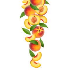 Fresh peaches with green leaves falling isolated on transparent background, creating a vibrant and refreshing visual composition