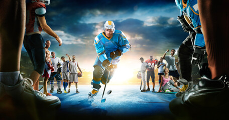 The multi sports collage including boxing, ice hockey, basketball, cycling, soccer, american football, fitnes, gym, baseball, volleyball with ice hockey player in the main role on the grand arena