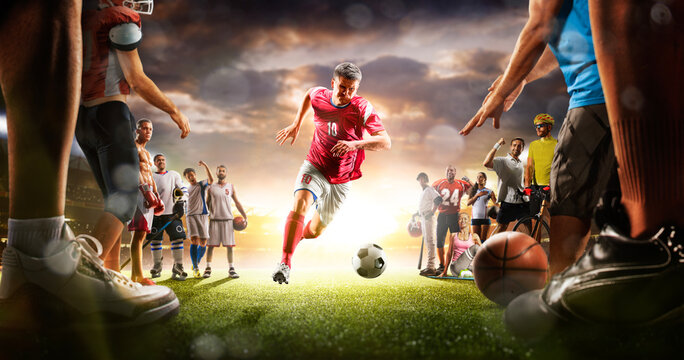 The multi sports collage including boxing, ice hockey, basketball, cycling, soccer, american football, fitnes, gym, baseball, volleyball with soccer player in the main role on the grand arena