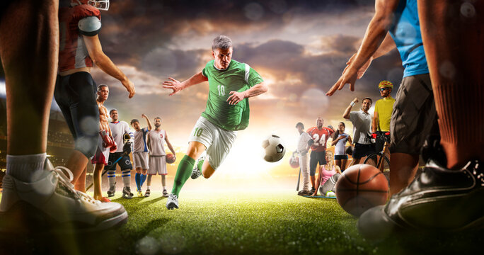 The multi sports collage including boxing, ice hockey, basketball, cycling, soccer, american football, fitnes, gym, baseball, volleyball with soccer player in the main role on the grand arena