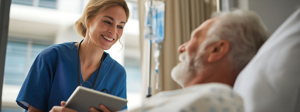 Female nurse smiling, holding tablet, talking to elderly male patient in hospital bed connected to IV stand - Powered by Adobe