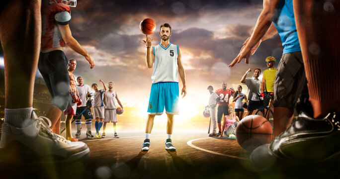 The multi sports collage including boxing, ice hockey, basketball, cycling, soccer, american football, fitnes, gym, baseball, volleyball with basketball player in the main role on the grand arena - Powered by Adobe