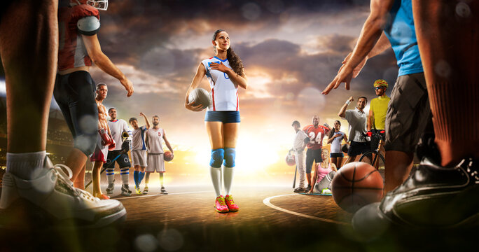 The multi sports collage including boxing, ice hockey, basketball, cycling, soccer, american football, fitnes, gym, baseball, volleyball with volleyball player in the main role on the grand arena