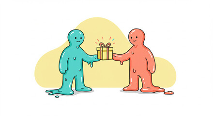 Two abstract blob figures exchanging a glowing present, a vector illustration representing generosity, kindness, and connection