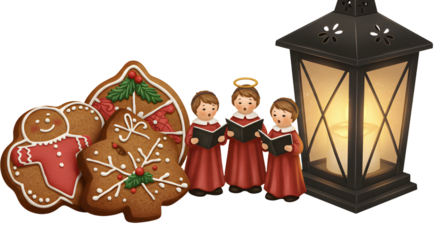 Christmas gingerbread cookies, angel choir figurines, and glowing lantern holiday decorations, perfect for winter and festive celebrations