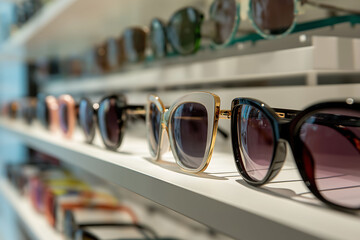 Various sunglasses displayed on shelves in a fashion store, ranging from classic square frames to oversized rectangular shades with colorful accents