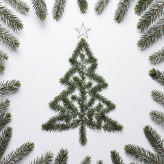 Obraz premium Negative space Christmas tree concept. Creative winter layout made with evergreen tree branches. Flat lay.