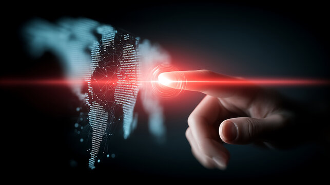 A young man interacts with a glowing hologram of a global network and data flow, with neon red and blue lights on a dark background, displaying a digital world map