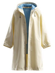 Front view of a yellow rubber-like anorak with blue interior, open to show inside, hood attached, traditional style, on white background