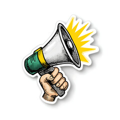 Vector illustration of a hand holding a megaphone in halftone style, with yellow sound waves, white borders, and simple flat colors