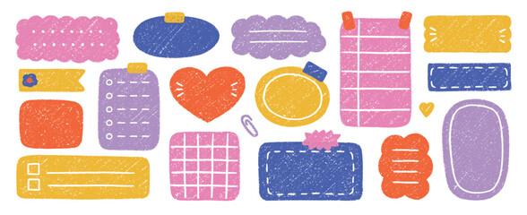 Crayon memo text boxes and doodle frames set. Pencil stickers for planners, note frames in sketch style. Grunge textured hand drawn illustrations isolated on white background.