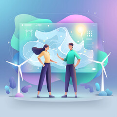 Abstract corporate illustration with professional characters collaborating around a digital map interface showing energy icons. Vibrant colors and clean geometric shapes in a polished style