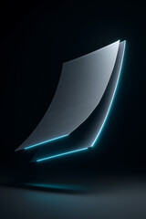 Futuristic 3D illustration of a floating paper document with glowing edges, cyberpunk neon highlights, matte black and silver style