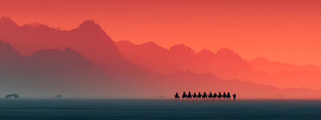 Distant camel caravan in desert landscape
