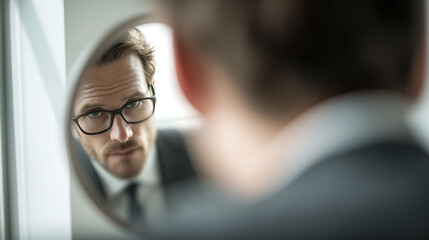 A business professional looking into a mirror with a distorted reflection, symbolizing marketing blind spots