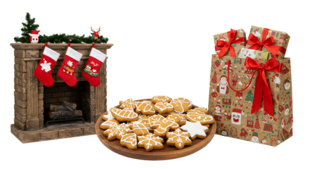 Festive Christmas stockings hanging on mantel with holiday decorations, plate of decorated gingerbread cookies, and gift bag with red bows, perfect for holiday celebrations