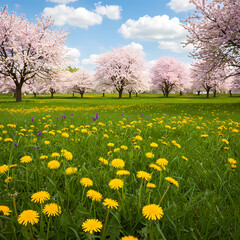 Idyllic Spring Park with Cherry Blossoms and a Dandelion Field
