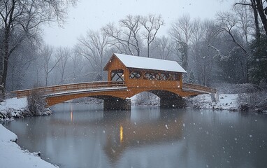 Rustic wooden covered bridge spans still river water during a serene winter snowfall. White snow blankets the ground and bare forest trees under a peaceful cold sky.