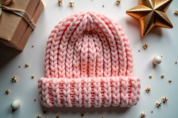 Hand Knitted Pink Beanie Hat with Gift Box and Festive Decoratio