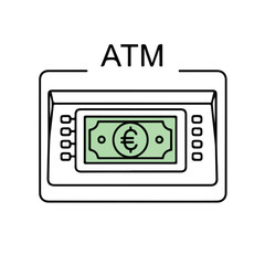 ATM machine with euro banknote displayed on screen  