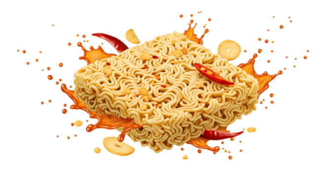 Instant ramen noodles with red chili peppers and garlic slices splashing in spicy broth, delicious Asian food concept
