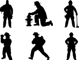Set of 6 firefighter silhouettes different poses fire safety emergency rescue worker Ve